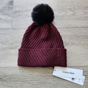 Calvin Klein Burgundy Knit Beanie with Black Pom One Size